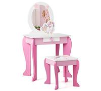 GIANTEX Coiffeuse Enfant Fille en Bois avec Tabouret & Tiroir, Table Maquillage avec Miroir pour Enfants Kids, Style Mignon, Rose 89 x 49,5 x 35,5 CM