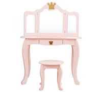 GIANTEX Coiffeuse pour Enfant avec Tabouret, 3 Miroirs Amovibles et Pliables, Table de Maquillage avec Tiroir, Coiffeuse pour Fille en Bois (Rose)