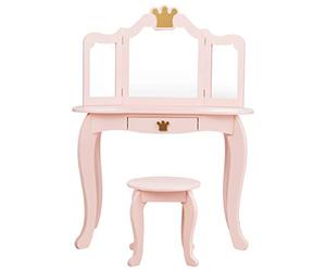 GIANTEX Coiffeuse pour Enfant avec Tabouret, 3 Miroirs Amovibles et Pliables, Table de Maquillage avec Tiroir, Coiffeuse pour Fille en Bois (Rose)