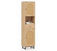 GIANTEX Colonne Salle de Bain en Rotin, Meuble Salle de Bain Cannage avec 2 Portes, Tiroir, Étagères Réglables, Armoire de Rangement sur Pieds Métalliques, 40 X 30 X 170 CM, Naturel