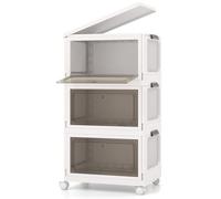 GIANTEX Conteneur de rangement empilable 3 niveaux, boîtes en plastique avec couvercles et portes, 4 roues, design pliable, organisateur pour salon, chambre (48 x 34 x 82 cm)