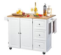 GIANTEX Desserte à roulettes Cuisine 85 CM, Chariot de Cuisine en Bois avec Placard Étagère sur 3 Niveaux et Support à Épice, îlot Central Cuisine avec Grand Tiroir et Planche