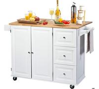 GIANTEX Desserte de Cuisine à Roulettes-3 Tiroirs+ Placards à Portes+ Porte-Serviette+ Porte-Épices-Îlot Chariot de Service-Blanc