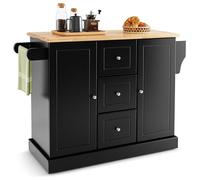 GIANTEX Desserte de Cuisine à Roulettes- Étagères Réglables- 3 Tiroirs- 2 Armoires à Porte- Chariot de Service- 127x46x91,5cm- Noir