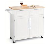GIANTEX Desserte de Cuisine à Roulettes, Îlot Chariot de Service avec 2 Tiroirs, 2 Portes, Étagère Réglable et Porte-Serviette, Bla