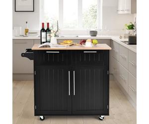 GIANTEX Desserte de Cuisine à Roulettes, Îlot Chariot de Service avec 2 Tiroirs, 2 Portes, Étagère Réglable et Porte-Serviette, Noir