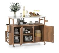 GIANTEX Desserte Plancha Exterieur à roulettes, Desserte Exterieur en Bois de Spain, Plan de Travail en Acier Inoxydable, Étagère Ouverte, Armoire, 2 Compartiments, Porte-Serviettes, 130 x 47 x 92 cm