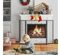 GIANTEX Écran de Cheminée 3 Panneaux, Pare-Feu de Cheminée 132 X 79 CM, Pare-étincelles pour Isolation des Étincelles et Cendres, Grille de Protection pour Poêle(Bande,132 x 79 cm)