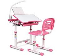 COSTWAY Ensemble Bureau et Chaise avec Lampe Enfants Inclinable 0-40° Hateur Réglable et Table à Dessin avec 1 Tiroir Rose