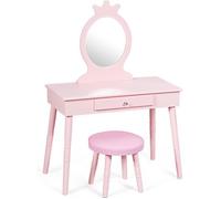GIANTEX Ensemble Coiffeuse et Tabouret de Maquillage pour Enfants, Coiffeuse avec Tiroir, Tabouret Capitonné et Miroir Authentique