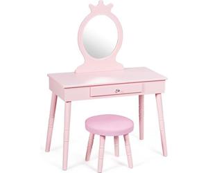 GIANTEX Ensemble Coiffeuse et Tabouret de Maquillage pour Enfants, Coiffeuse avec Tiroir, Tabouret Capitonné et Miroir Authentique