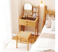 Giantex Ensemble de Coiffeuse avec Tabouret, Table de Maquillage en Bambou, Miroir Pivotant, Tiroirs, Étagères Ouvertes, Plateau en Verre Trempé, 60 x 46,5 x 122 cm, pour Chambre, Vestiaire, Naturel