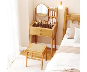 Giantex Ensemble de Coiffeuse avec Tabouret, Table de Maquillage en Bambou, Miroir Pivotant, Tiroirs, Étagères Ouvertes, Plateau en Verre Trempé, 60 x 46,5 x 122 cm, pour Chambre, Vestiaire, Naturel