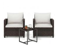 GIANTEX Ensemble de Salon de Jardin Extérieur 3 Pièces, 2 Fauteuils avec Coussins et 1 Table Basse en Verre, pour 2 Personnes, Mobilier de Jardin pour Balcon, Terrasse, Cour (Marron+Beige)