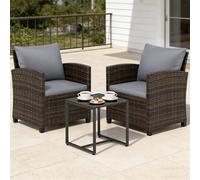 GIANTEX Ensemble de Salon de Jardin Extérieur 3 Pièces, 2 Fauteuils avec Coussins et 1 Table Basse en Verre, pour 2 Personnes, Mobilier de Jardin pour Balcon, Terrasse, Cour (Marron+Gris)