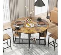 GIANTEX Ensemble de Table à Manger 5 Pièces- Table Pliante avec 2 Tabourets- 6 Roulettes- Cadre en Métal- Étagères de Rangement