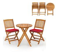 GIANTEX Ensemble Salon de Jardin 3 Pcs Pliable en Bois- 2 Chaises avec Coussins Amovibles et Table Basse de Jardin Rond- Rouge