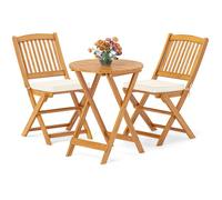 GIANTEX Ensemble Salon de Jardin 3 Pcs Pliable en Bois- 2 Chaises avec Coussins Amovibles et Table Basse de Jardin Rond- Beige