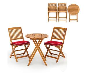 GIANTEX Ensemble Salon de Jardin 3 Pcs Pliable en Bois- 2 Chaises avec Coussins Amovibles et Table Basse de Jardin Rond- Rouge
