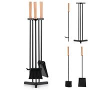 GIANTEX Ensemble Serviteur de Cheminée 4 Pièces - Tisonnier Pelle Balai Support en Métal - Poignées en Hêtre - pour Poêle à Bois