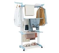 GIANTEX Étendoir/Séchoir à Linge Pliable à Roulettes-4 Niveaux-24 Rails de Séchage+2 Porte-Cintres+Porte Chaussures-en Métal- Bleu