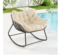 GIANTEX Fauteuil à Bascule avec Coussin, Chaise Large et Enveloppante, Assise en Rotin, Structure en Métal, Charge 150 kg, Beige