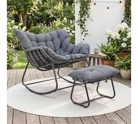 GIANTEX Fauteuil a Bascule avec Repose-Pied, Chaise a Bascule Surdimensionné avec Assise en Rotin PE, Coussin Amovible Rembourré, Cadre Métallique Robuste, pour Salon, Balcon, Jardin (Gris)