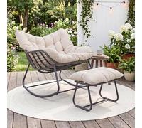 GIANTEX Fauteuil a Bascule avec Repose-Pied, Chaise a Bascule Surdimensionné avec Assise en Rotin PE, Coussin Amovible Rembourré, Cadre Métallique Robuste, pour Salon, Balcon, Jardin (Beige)