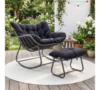 GIANTEX Fauteuil a Bascule avec Repose-Pied, Chaise a Bascule Surdimensionné avec Assise en Rotin PE, Coussin Amovible Rembourré, Cadre Métallique Robuste, pour Salon, Balcon, Jardin (Noir)