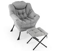 GIANTEX Fauteuil de Lecture Scandinave, Fauteuil Relax Salon Sherpa, Oreiller, Accoudoirs, Poche Latérale, Cadre Métallique, pour Salon, Chambre (avec Repose-Pieds, Gris)