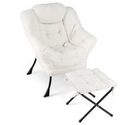GIANTEX Fauteuil de Lecture Scandinave, Fauteuil Relax Salon Sherpa, Oreiller, Accoudoirs, Poche Latérale, Cadre Métallique, pour Salon, Chambre (avec Repose-Pieds, Beige)