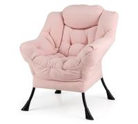 Giantex Fauteuil de Lecture Scandinave, Fauteuil Relax Salon Sherpa, Oreiller, Accoudoirs, Poche Latérale, Cadre Métallique, pour Salon, Chambre (sans Repose-Pieds, Rose)