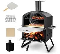 GIANTEX Four à Pizza/Gril Extérieur à 2 Couches en Fer- Four à Bois/Granulés/Charbon- Pierre à Pizz Pelle+Housse+Grille Fournis