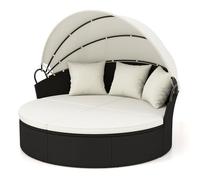 GIANTEX Lit de Jardin Extérieur Rond Ø187 cm en Rotin PE avec Auvent Rétractable, Canapé Lit Extérieur pour 2-3 Personnes, Ensemble Salon de Jardin avec Coussins(Beige)