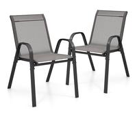 GIANTEX Lot de 2 Chaises de Jardin Extérieures, Chaise de Salle à Manger Empilables Cadre en Acier avec Mains Courantes, Fauteuil d'Extérieur avec Dossier et Siège Ergonomiques (Gris)