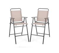 GIANTEX Lot de 2 chaises de terrasse pliantes avec dossier, accoudoirs, repose-pieds et cadre en métal, chaise de salle à manger en tissu respirant pour balcon, terrasse, jardin, beige, QS44689EH-5DE