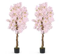 GIANTEX Lot de 2 plantes artificielles de cerisier en fleurs, plante artificielle de 150 cm de haut en pot, faux cerisier en fleurs roses, arbre en fleurs cerisier sakura, plante d'intérieur