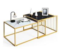GIANTEX Lot de 2 Tables Basses Gigognes de Salon,Table d’Appoint,Surface Marbre + Structure en Métal Dorée,Style Moderne,Noir+Blanc