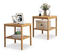 GIANTEX Lot de 2 Tables de Chevet à 2 Étages en Bambou,Table d’Appoint L40 x l40 x H45cm,pour Chambre à