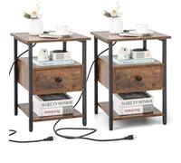 Giantex Lot de 2 tables de chevet avec station de charge, avec 2 prises, table d'appoint, table basse avec tiroir et étagères ouvertes, commode de chevet, console de chevet, 40 x 40 x 55 cm, marron