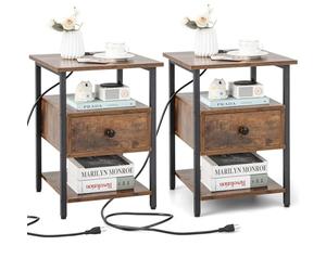 Giantex Lot de 2 tables de chevet avec station de charge, avec 2 prises, table d'appoint, table basse avec tiroir et étagères ouvertes, commode de chevet, console de chevet, 40 x 40 x 55 cm, marron