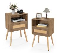 Giantex Lot de 2 tables de chevet avec tiroir en rotin et étagère ouverte, table d'appoint avec pieds en bois massif, table de canapé en bois, table de chevet de style bohème pour chambre à coucher