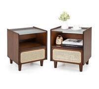 GIANTEX Lot de 2 Tables de Chevet en Bambou avec tiroir et Compartiment Ouvert, Table d'appoint avec Plateau en Verre, Table Basse en Bois Vintage, Commode de Chevet avec Fentes pour Passe-câbles