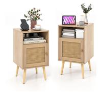 GIANTEX Lot de 2 Tables de Chevet- Porte en Rotin PE- Pieds en Bois de Pin- Étagère Ouverte- Salon, Chambre- 40x40x70cm- Naturel
