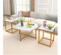 GIANTEX Lot de 3 Tables Basses de Salon- Table Ronde+ 2 Tables d'Appoint Carrées- Cadre en Métal- En Effet Marbre- Blanc et Doré