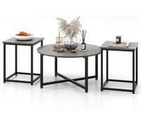 GIANTEX Lot de 3 Tables Basses de Salon- Table Ronde+ 2 Tables d'Appoint Carrées- Cadre en Métal- Pieds Réglables- Gris