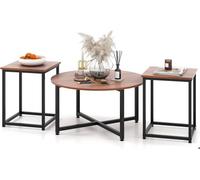 GIANTEX Lot de 3 Tables Basses de Salon- Table Ronde+ 2 Tables d'Appoint Carrées- Cadre en Métal- Pieds Réglables- Marron