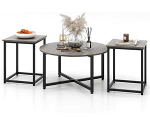 GIANTEX Lot de 3 Tables Basses de Salon- Table Ronde+ 2 Tables d'Appoint Carrées- Cadre en Métal- Pieds Réglables- Gris