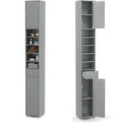 GIANTEX Meuble Colonne de Salle de Bain H 180 cm- 2 Portes+ Tirior- 5 Étagères Réglables- Armoire Haute 10 Étages - Gris