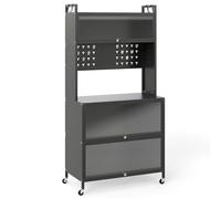 GIANTEX Meuble de Cuisine Haut 5 Niveaux, Buffet Cuisine Rangement avec roulettes, 10 Crochets, Portes Rabattable, Panneau Perforé, Meuble Vitrine en Acier, pour Salon, Salle à Manger (Gris)